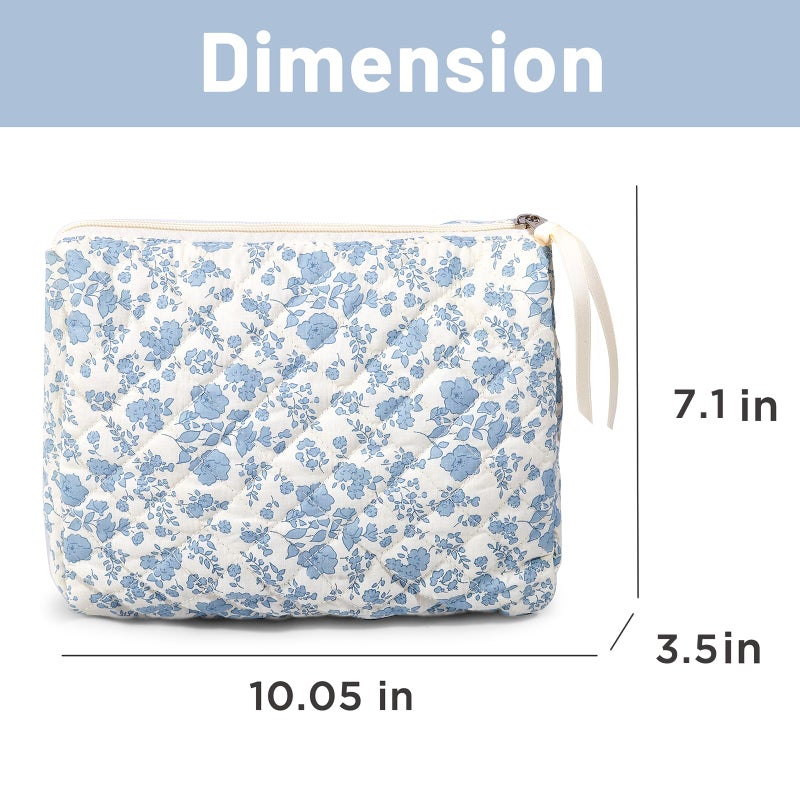 Sminra Makeup Bag Large Travel Quilted Cosmetic Makeup Bag Organizer  Cute Floral Cotton Coquette Aesthetic Toiletry Bag for Women Girls (Blue Floral) - Image 2
